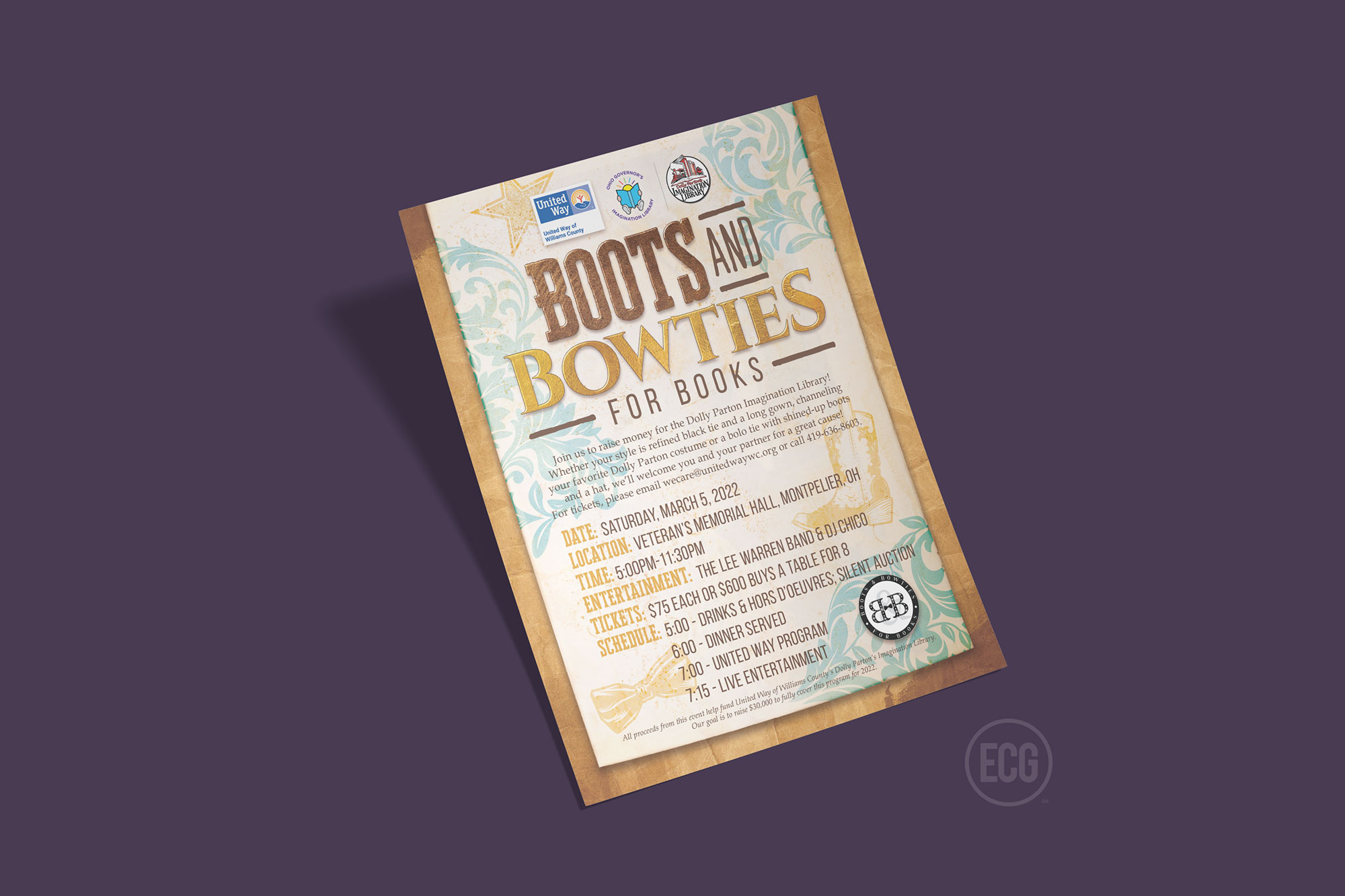 United Way of Williams County Boots and Bowties for Books Flyer